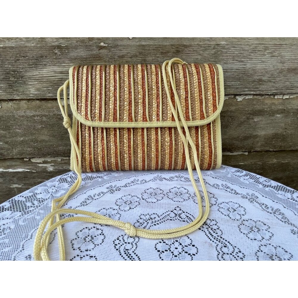 Vintage 1970s Woven Straw Crossbody Bag Purse Boho Retro